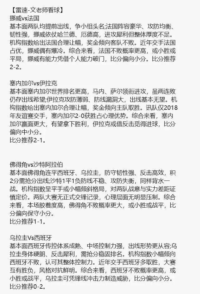 【雷速-文老师看球】3点-8点世界杯四场！近15连红！