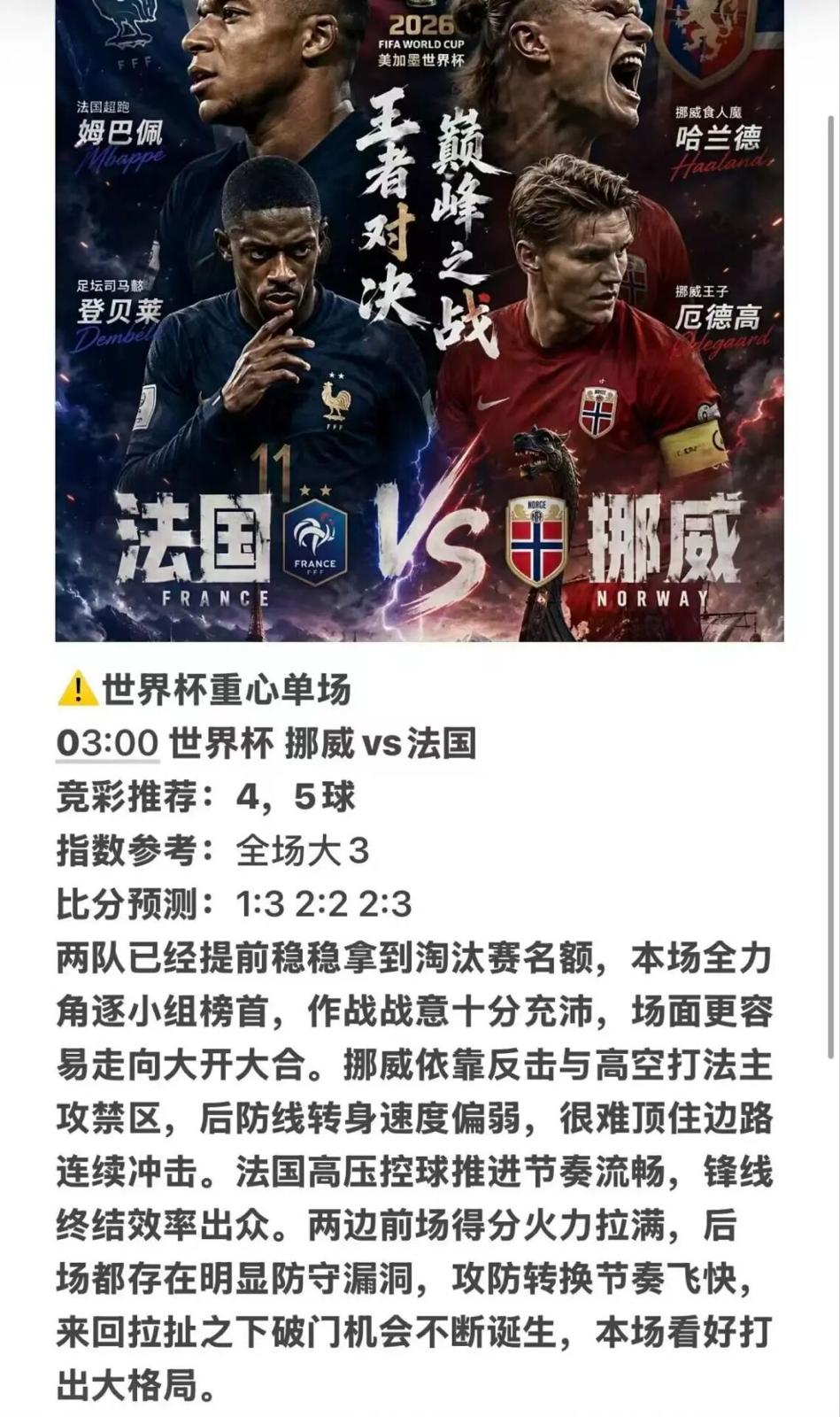 ⚽️【杨健】世界杯重心单场 03:00世界杯挪威vs法国